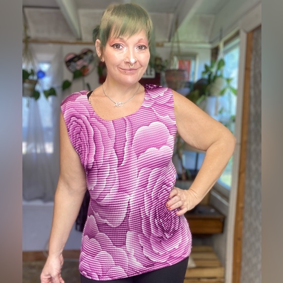 Vintage Y2K 90s Rose Floral Purple Accordion Style Blouse 1X Small Medium Large - Picture 4 of 16